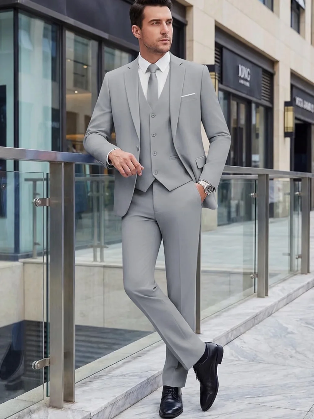Men’s Slim Fit 3-Piece Suit Blazer Vest & Pant - Light Gray